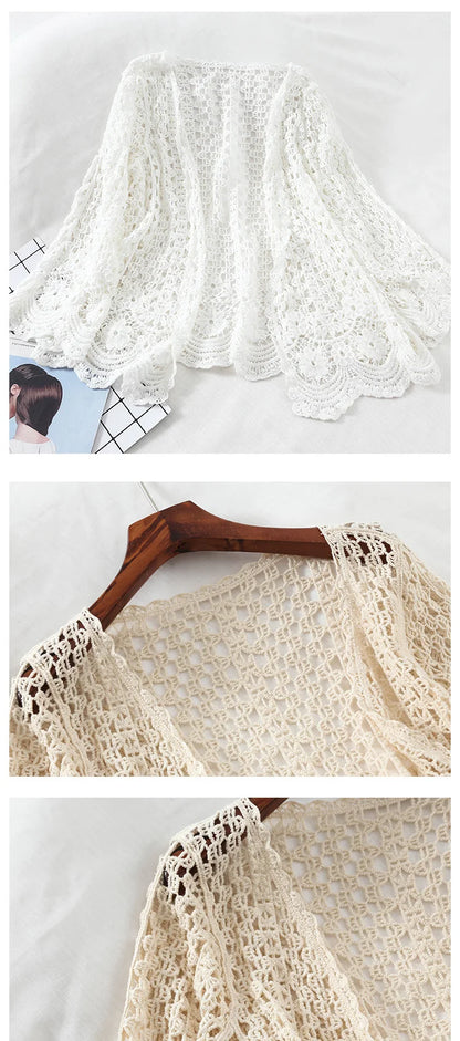 Open Lace Cardigan Crocheted Hollow Out Shrug