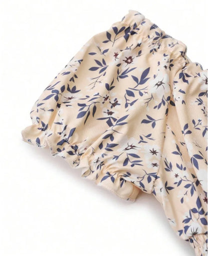 Vintage Floral Puff Sleeve Dress | V-Neck Elastic Waist Beach & Party Dress