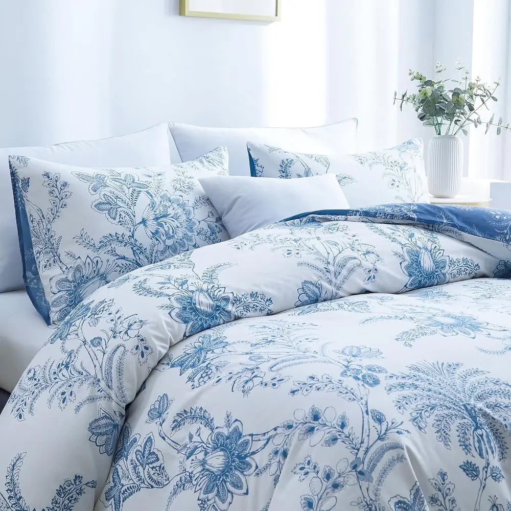 Queen Floral Duvet Cover Set | White & Blue Breathable Bedding