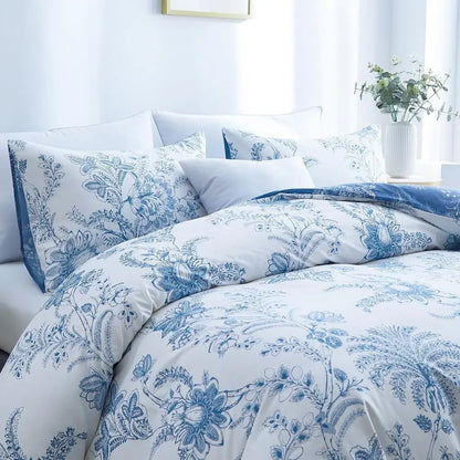Queen Floral Duvet Cover Set | White & Blue Breathable Bedding