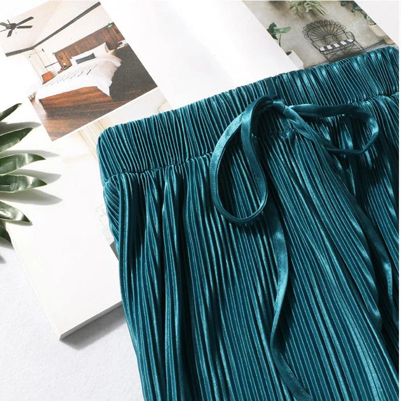 Wide Leg Pleated Ice Silk Pants | Elastic Waist