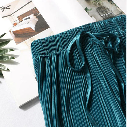 Wide Leg Pleated Ice Silk Pants | Elastic Waist