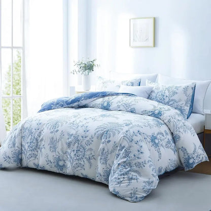 Queen Floral Duvet Cover Set | White & Blue Breathable Bedding