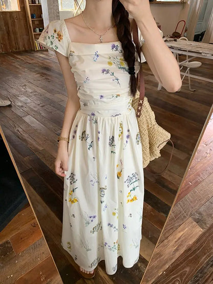 Summer Floral Print Maxi Dress | Square Collar Sleeveless Korean Style