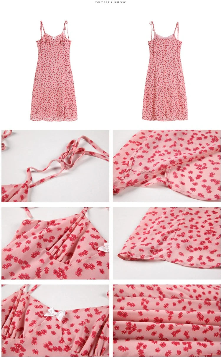 French Style Floral Chiffon Sling Dress | Waist-Cinched Slim Mid-Calf Vacation Dress