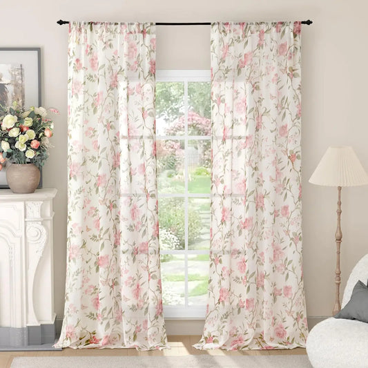 Floral Sheer Curtains | Vintage Farmhouse Light-Filtering Panels for Girls & Nursery