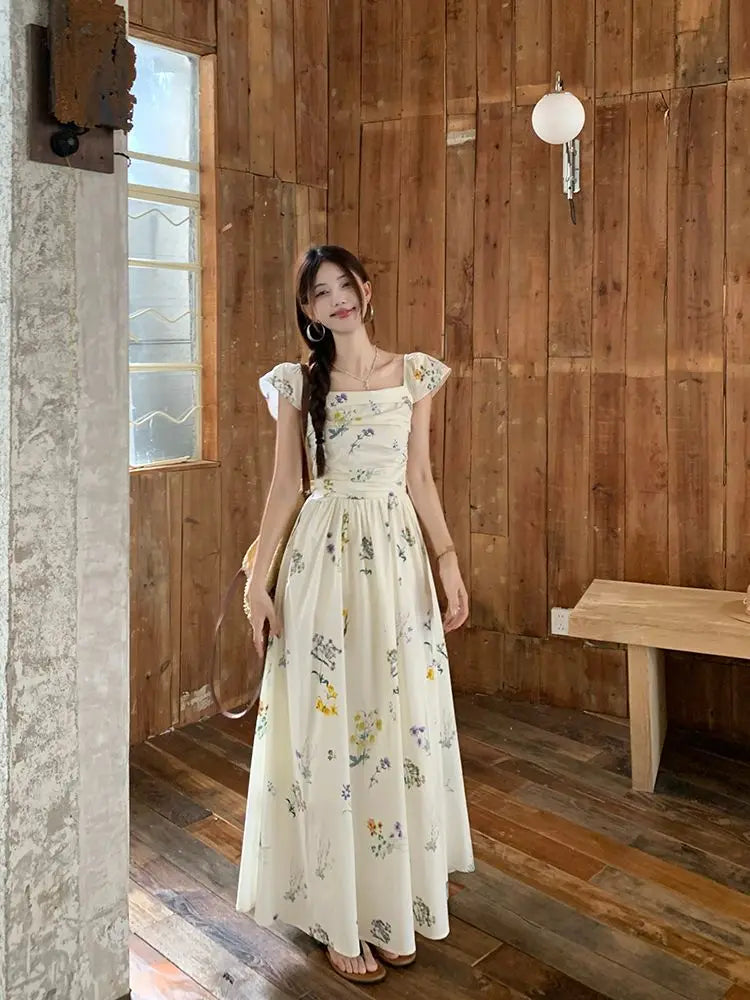 Summer Floral Print Maxi Dress | Square Collar Sleeveless Korean Style