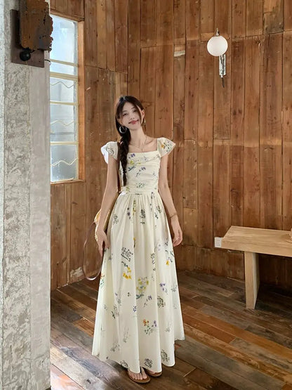 Summer Floral Print Maxi Dress | Square Collar Sleeveless Korean Style