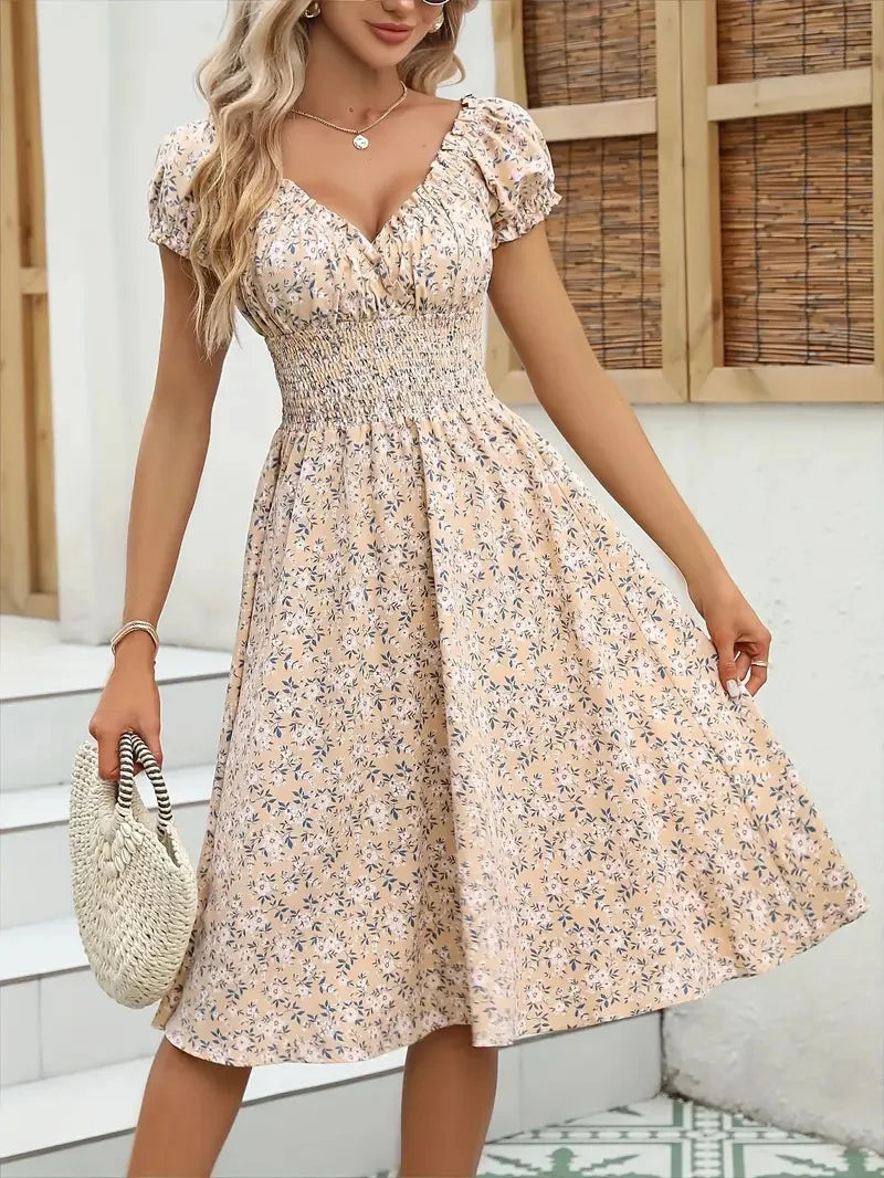 Vintage Floral Puff Sleeve Dress | V-Neck Elastic Waist Beach & Party Dress