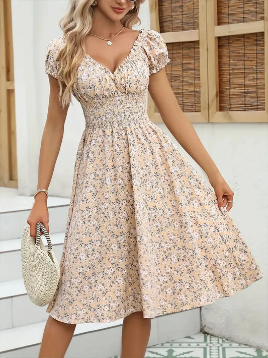 Vintage Floral Puff Sleeve Dress | V-Neck Elastic Waist Beach & Party Dress