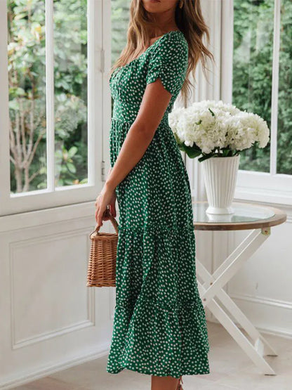 Vintage Print Puff Sleeve Summer Dress