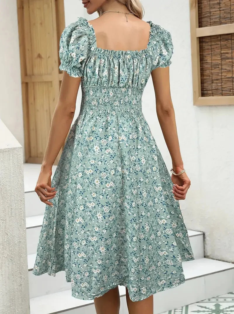 Vintage Floral Puff Sleeve Dress | V-Neck Elastic Waist Beach & Party Dress
