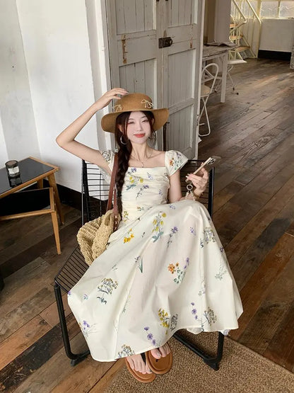 Summer Floral Print Maxi Dress | Square Collar Sleeveless Korean Style
