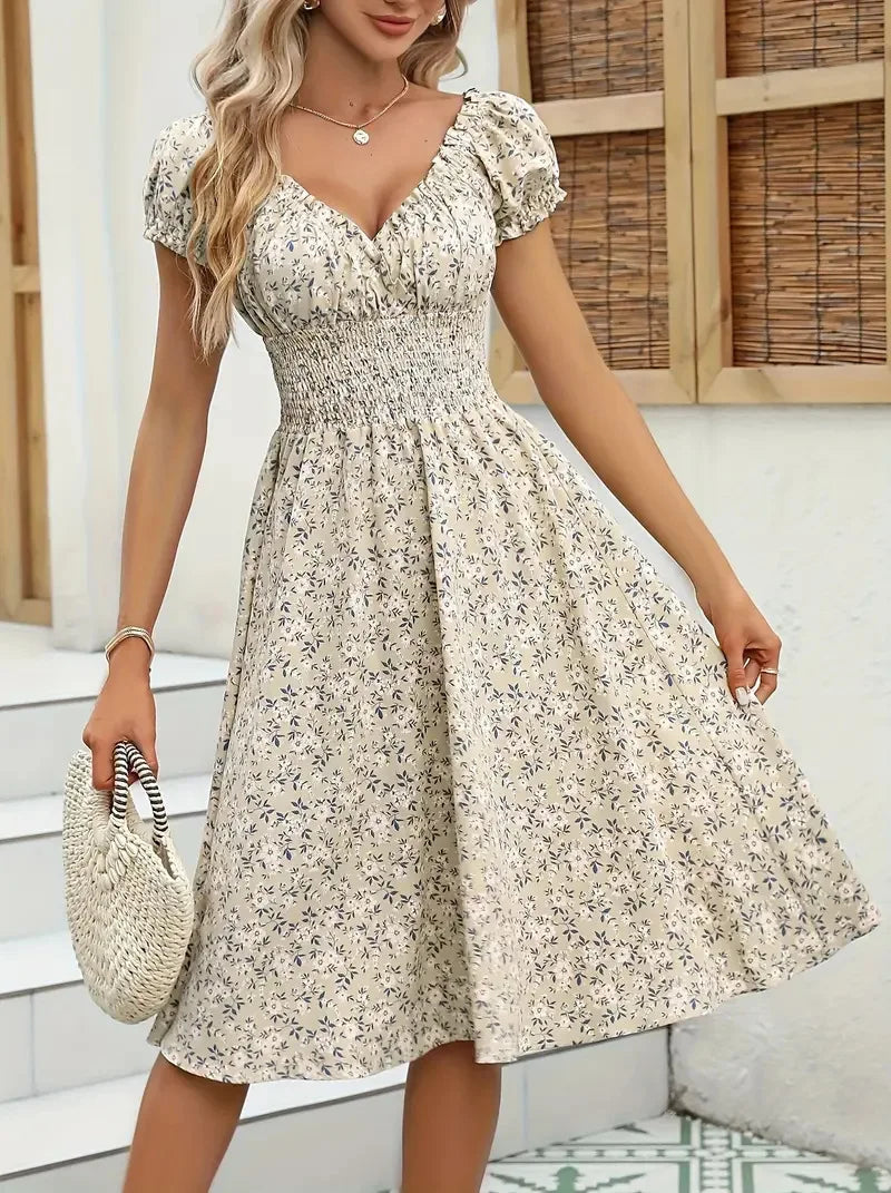 Vintage Floral Puff Sleeve Dress | V-Neck Elastic Waist Beach & Party Dress