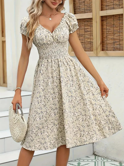 Vintage Floral Puff Sleeve Dress | V-Neck Elastic Waist Beach & Party Dress