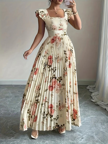 Ivory Floral Pleated Ankle-Length Dress | Square Neck Evening Gown for Women