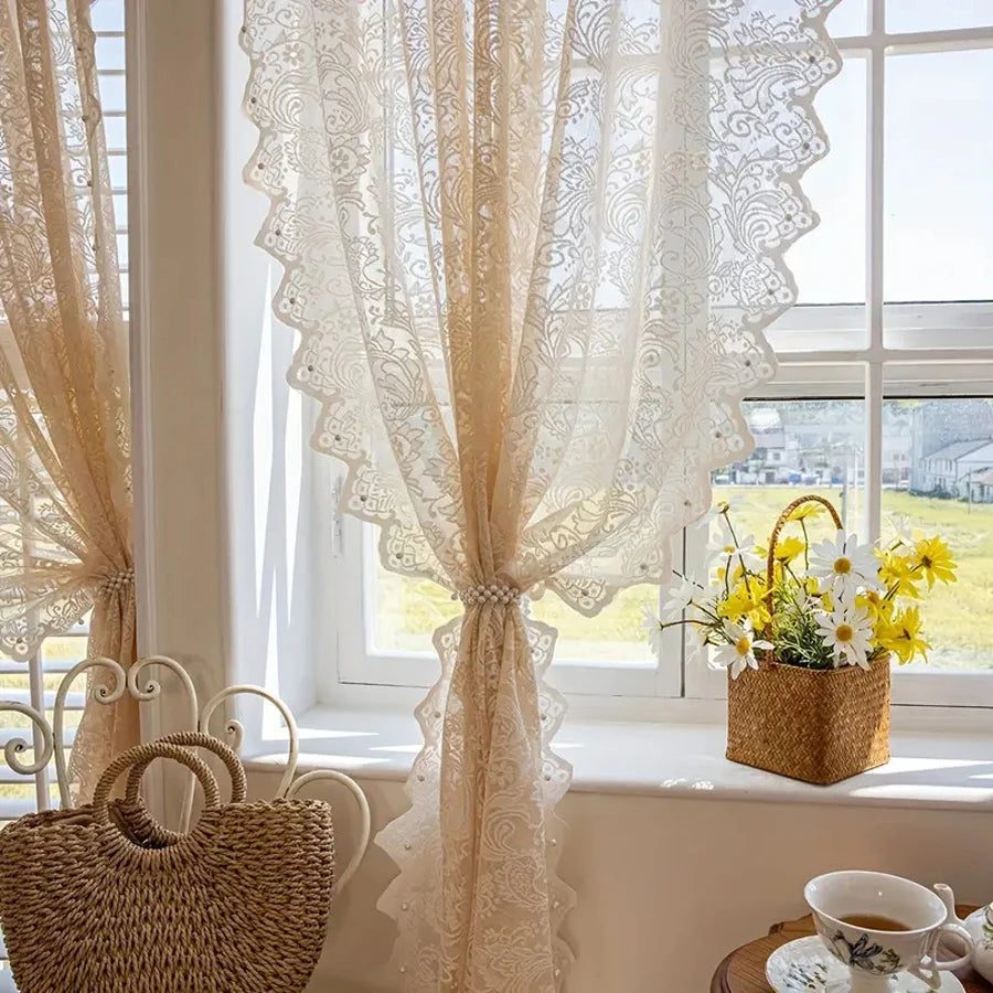 French Country Lace & Bead Curtain | Phoenix Tail Wave Design | Sheer Panel for Living Room & Bedroom