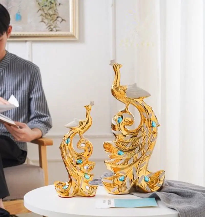 Gold Phoenix Peacock Ceramic Sculpture | Home Decor