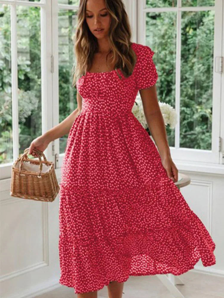 Vintage Print Puff Sleeve Summer Dress