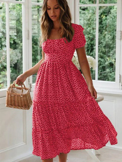 Vintage Print Puff Sleeve Summer Dress