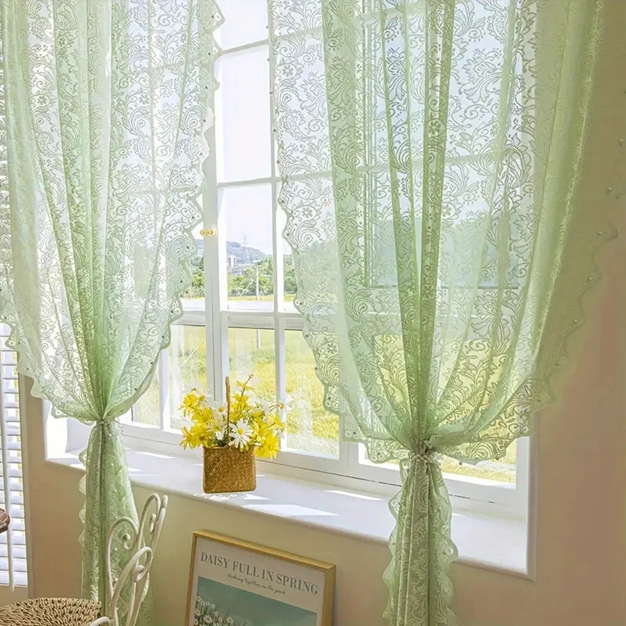 French Country Lace & Bead Curtain | Phoenix Tail Wave Design | Sheer Panel for Living Room & Bedroom