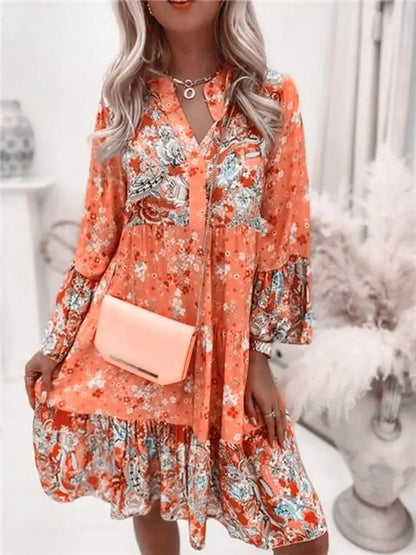 Boho Floral V-Neck Mini Dress | Batwing Sleeve