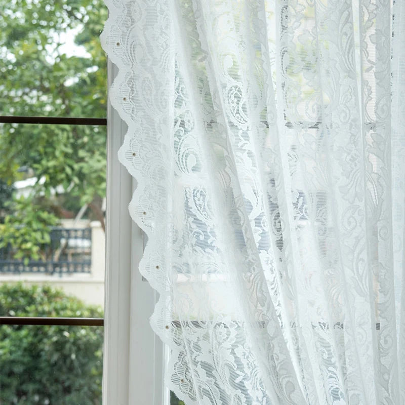 French Vintage White Lace Beaded Gauze Curtains | Sheer Wave Lace Panels for Living Room & Bedroom
