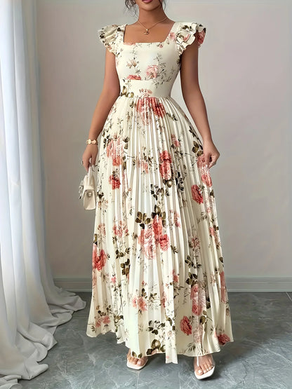 Ivory Floral Pleated Ankle-Length Dress | Square Neck Evening Gown for Women
