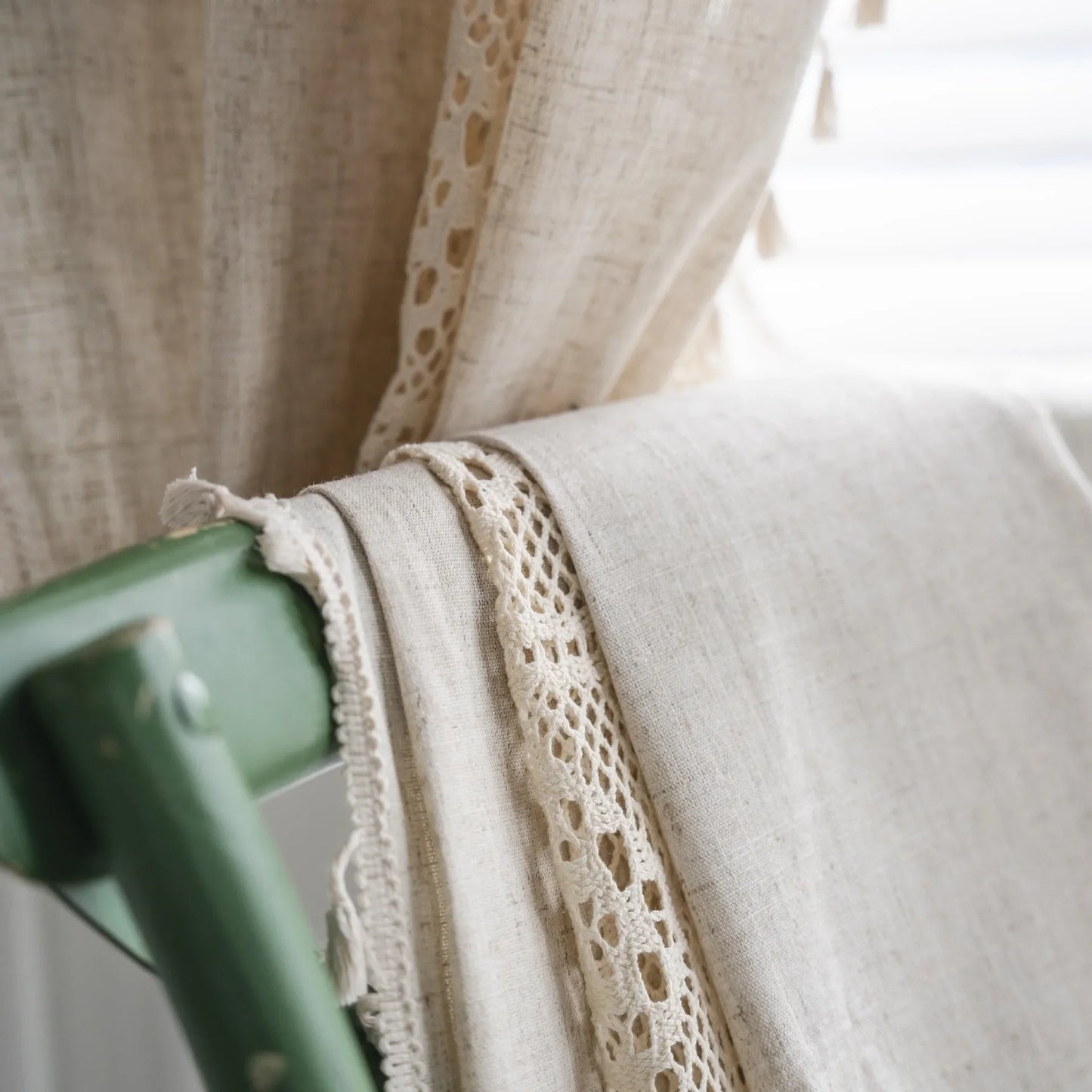 Boho Linen Lace Tassel Curtains | Rod Pocket Sheer Panels for Living Room, Bedroom & Kitchen