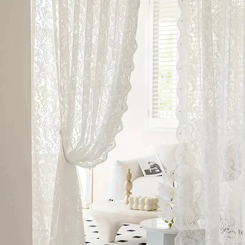 French Country Lace & Bead Curtain | Phoenix Tail Wave Design | Sheer Panel for Living Room & Bedroom
