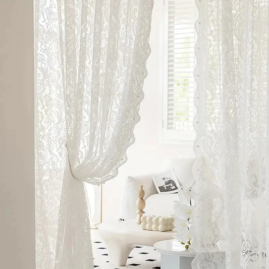 French Country Lace & Bead Curtain | Phoenix Tail Wave Design | Sheer Panel for Living Room & Bedroom
