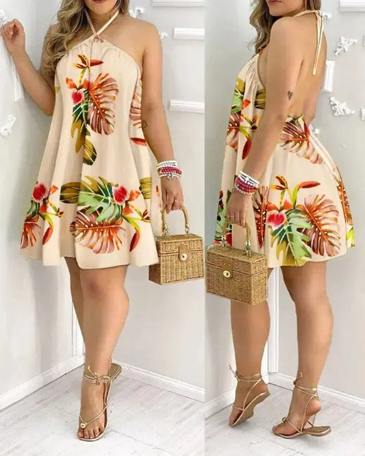 Floral Print Halter Neck Dress | Boho Backless Mini