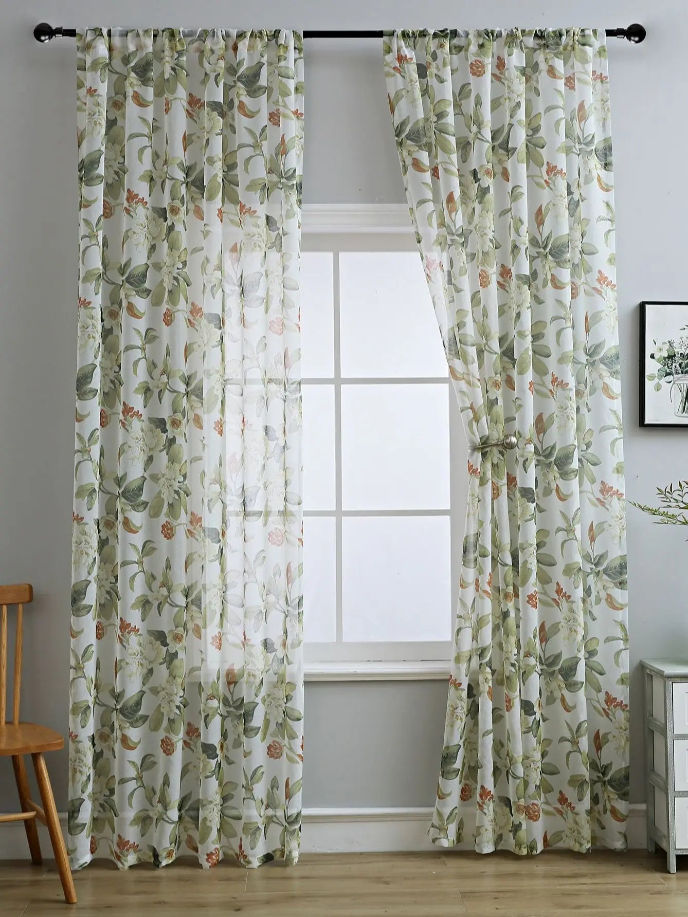 Red Floral Sheer Curtains | Light-Filtering Semi-Sheer Panels for Living Room