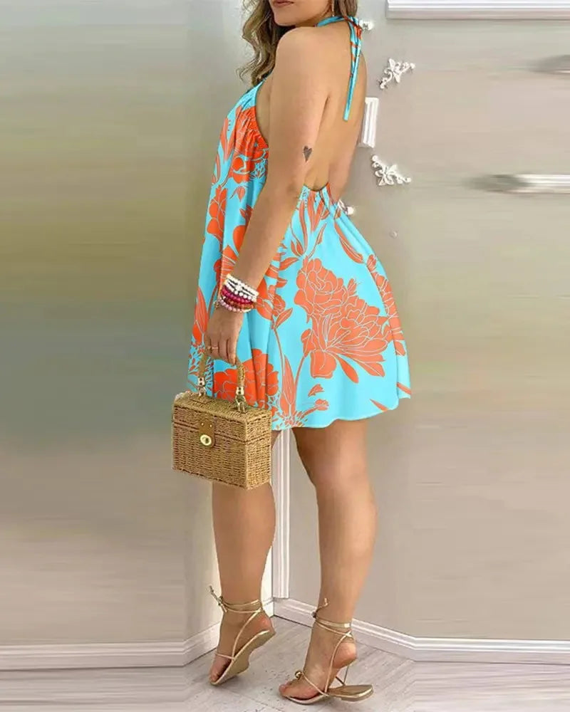 Floral Print Halter Neck Dress | Boho Backless Mini