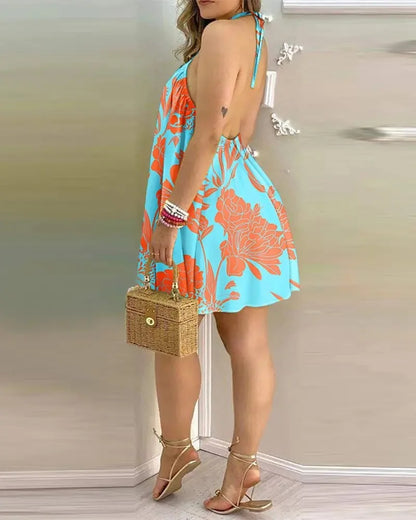 Floral Print Halter Neck Dress | Boho Backless Mini