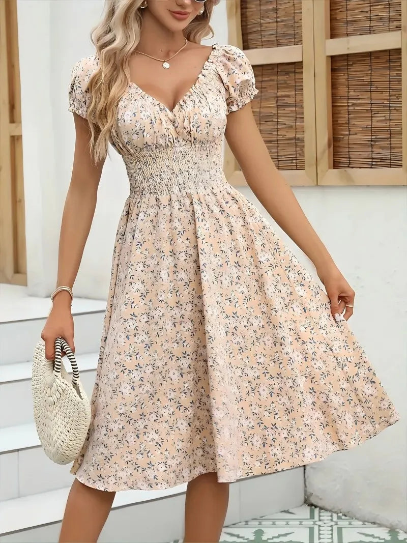 Vintage Floral Puff Sleeve Dress | V-Neck Elastic Waist Beach & Party Dress