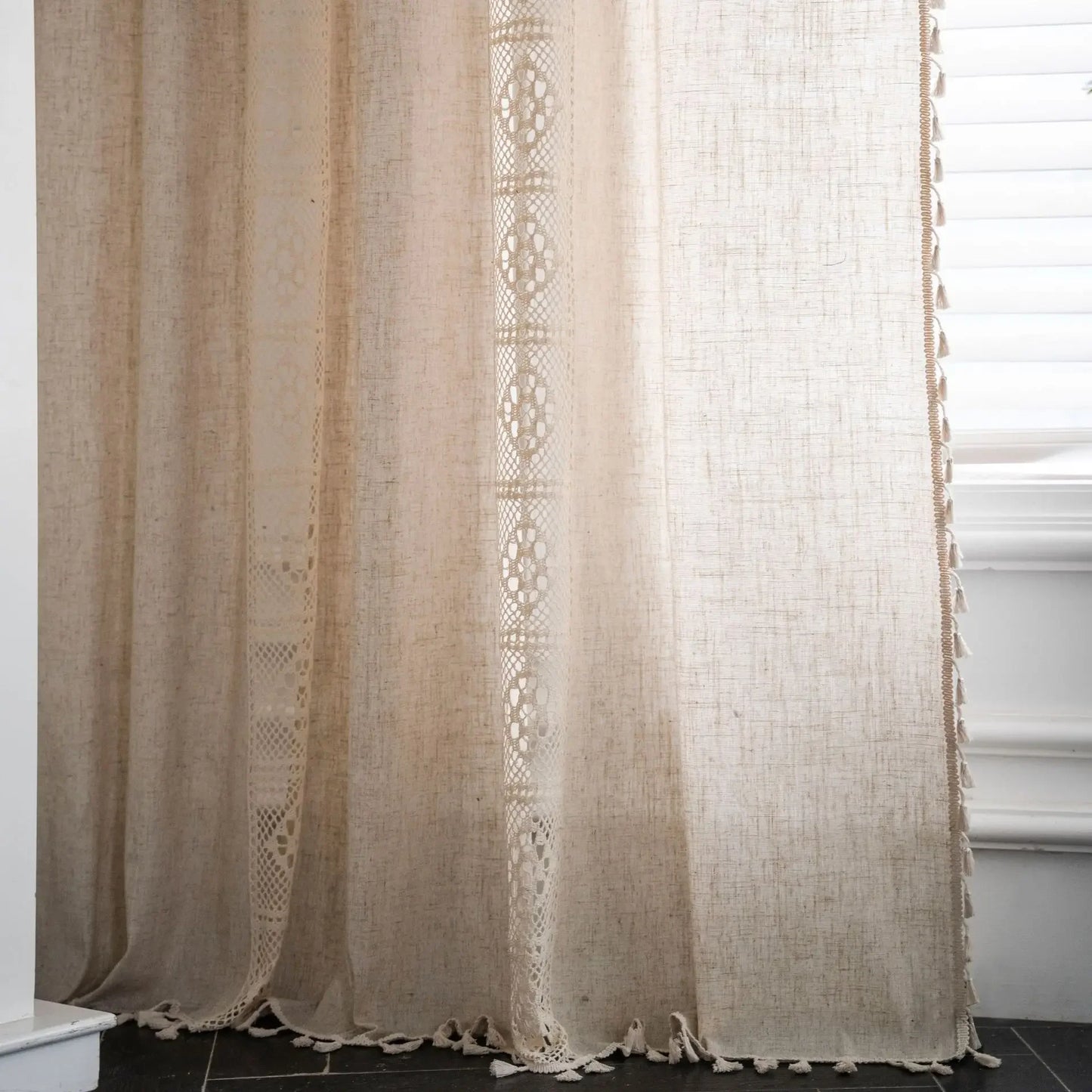 Boho Linen Lace Tassel Curtains | Rod Pocket Sheer Panels for Living Room, Bedroom & Kitchen