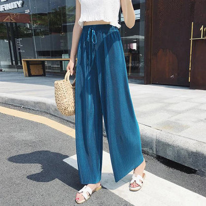 Wide Leg Pleated Ice Silk Pants | Elastic Waist