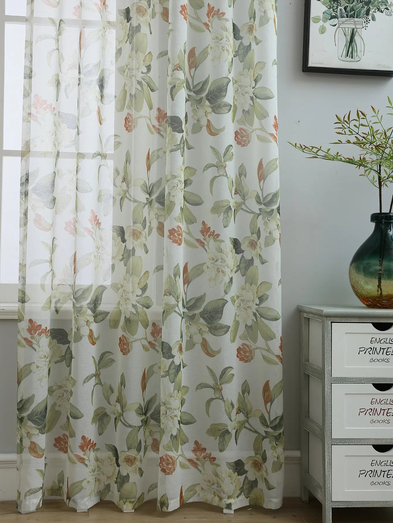 Red Floral Sheer Curtains | Light-Filtering Semi-Sheer Panels for Living Room