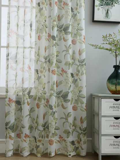 Red Floral Sheer Curtains | Light-Filtering Semi-Sheer Panels for Living Room