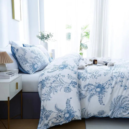 Queen Floral Duvet Cover Set | White & Blue Breathable Bedding