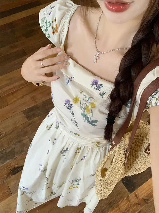 Summer Floral Print Maxi Dress | Square Collar Sleeveless Korean Style