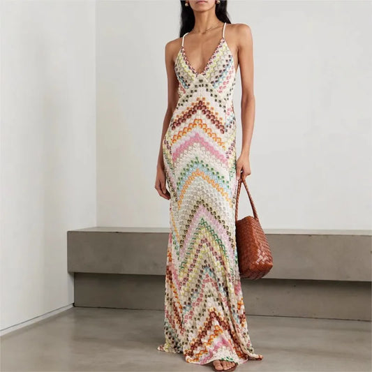 Boho Maxi Dress Sleeveless Long Skirt Deep V Neck