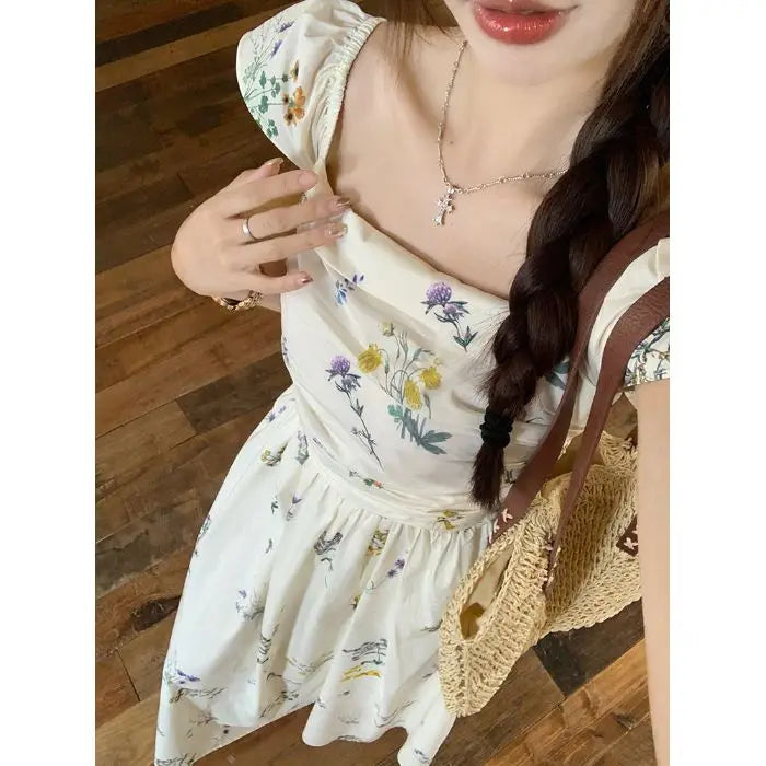 Summer Floral Print Maxi Dress | Square Collar Sleeveless Korean Style