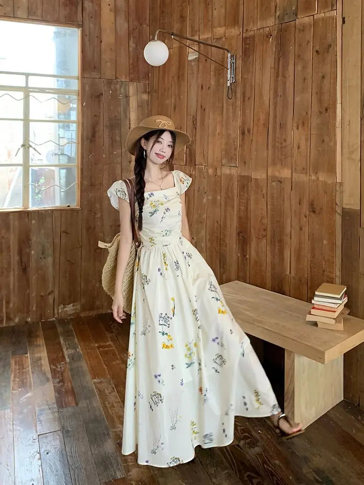 Summer Floral Print Maxi Dress | Square Collar Sleeveless Korean Style