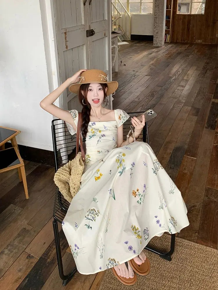 Summer Floral Print Maxi Dress | Square Collar Sleeveless Korean Style