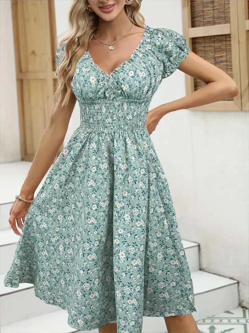Vintage Floral Puff Sleeve Dress | V-Neck Elastic Waist Beach & Party Dress