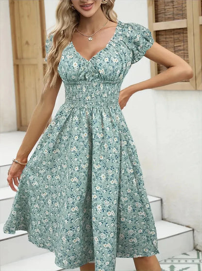 Vintage Floral Puff Sleeve Dress | V-Neck Elastic Waist Beach & Party Dress