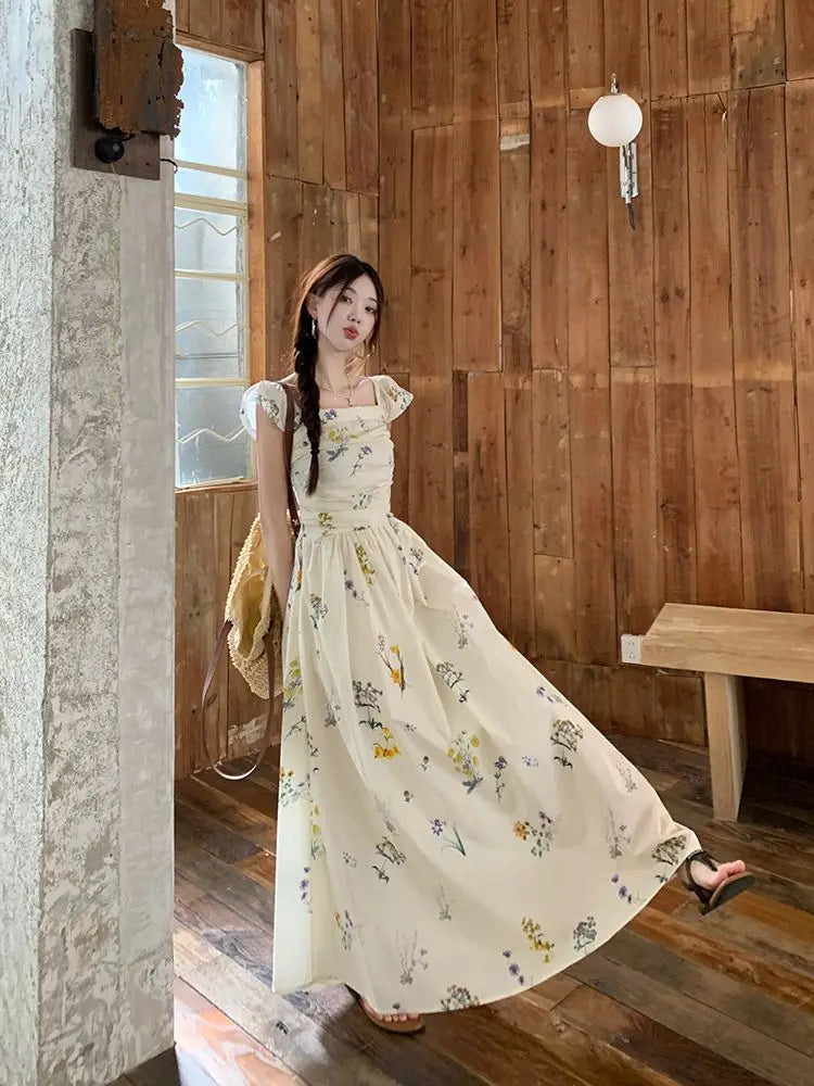 Summer Floral Print Maxi Dress | Square Collar Sleeveless Korean Style