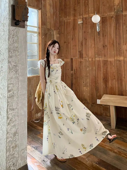 Summer Floral Print Maxi Dress | Square Collar Sleeveless Korean Style